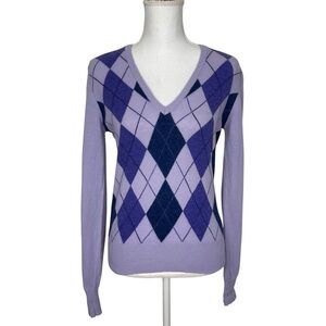Benetton Wool Blend V Neck Argyle Sweater M